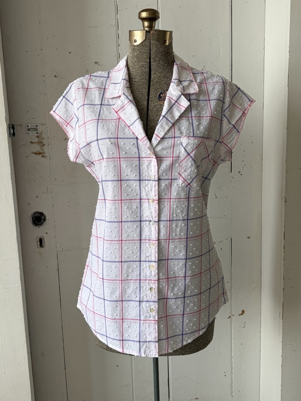 Eileen West Windowpane Check White Cut Swiss Dot Button-Down Sleep Top LG
